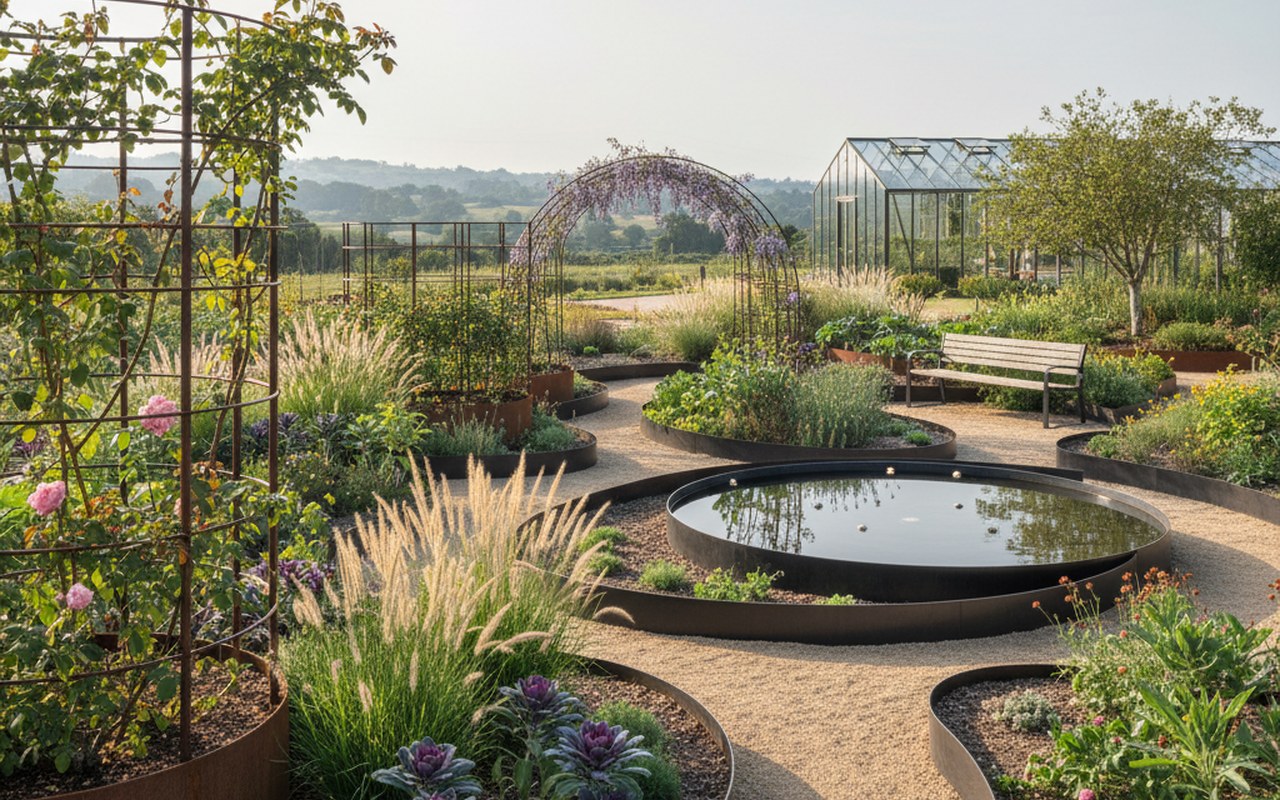 Jardin durable avec éléments en acier, illustrant l'artisanat et l'aménagement paysager.