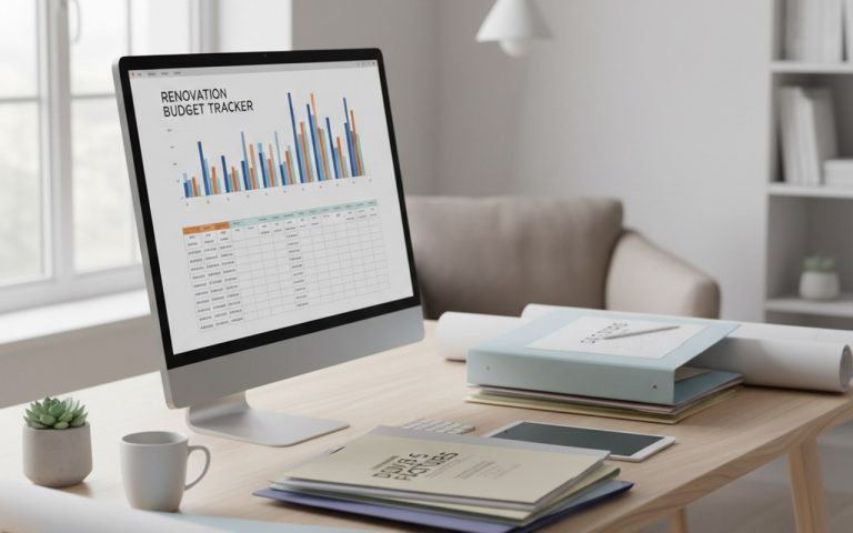 Espace de travail moderne avec suivi budgétaire de rénovation sur ordinateur