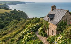 Petite maison en bord de mer en Normandie, vue sur la mer et verdure environnante.