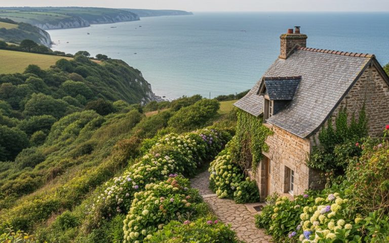 Petite maison en bord de mer en Normandie, vue sur la mer et verdure environnante.