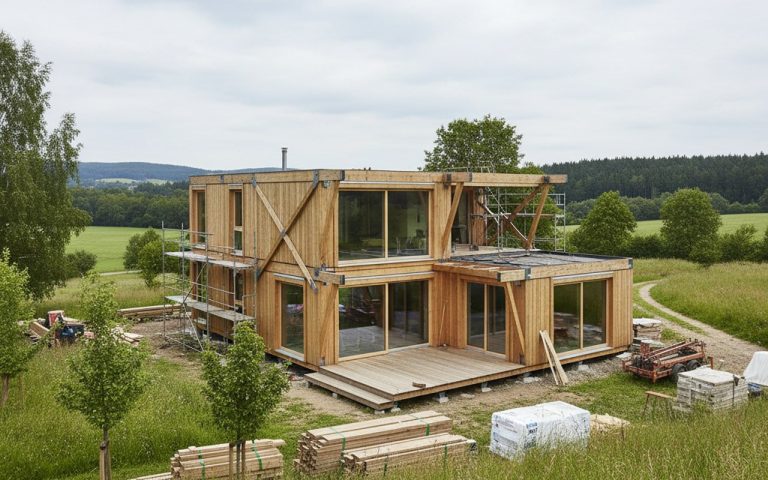 Maison préfabriquée moderne en ossature bois dans un paysage naturel.