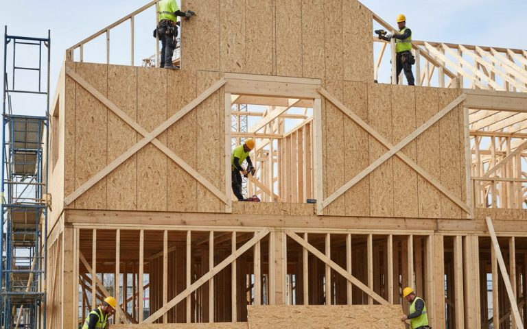 Installation de panneaux OSB sur un chantier de construction moderne.
