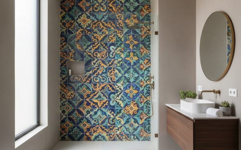 Salle de bain moderne avec carrelage ancien peint en couleur vive, transformation réussie.