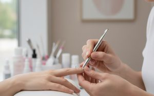 Technicienne en onglerie réalisant un pinchage pour créer une courbure en C sur un ongle.