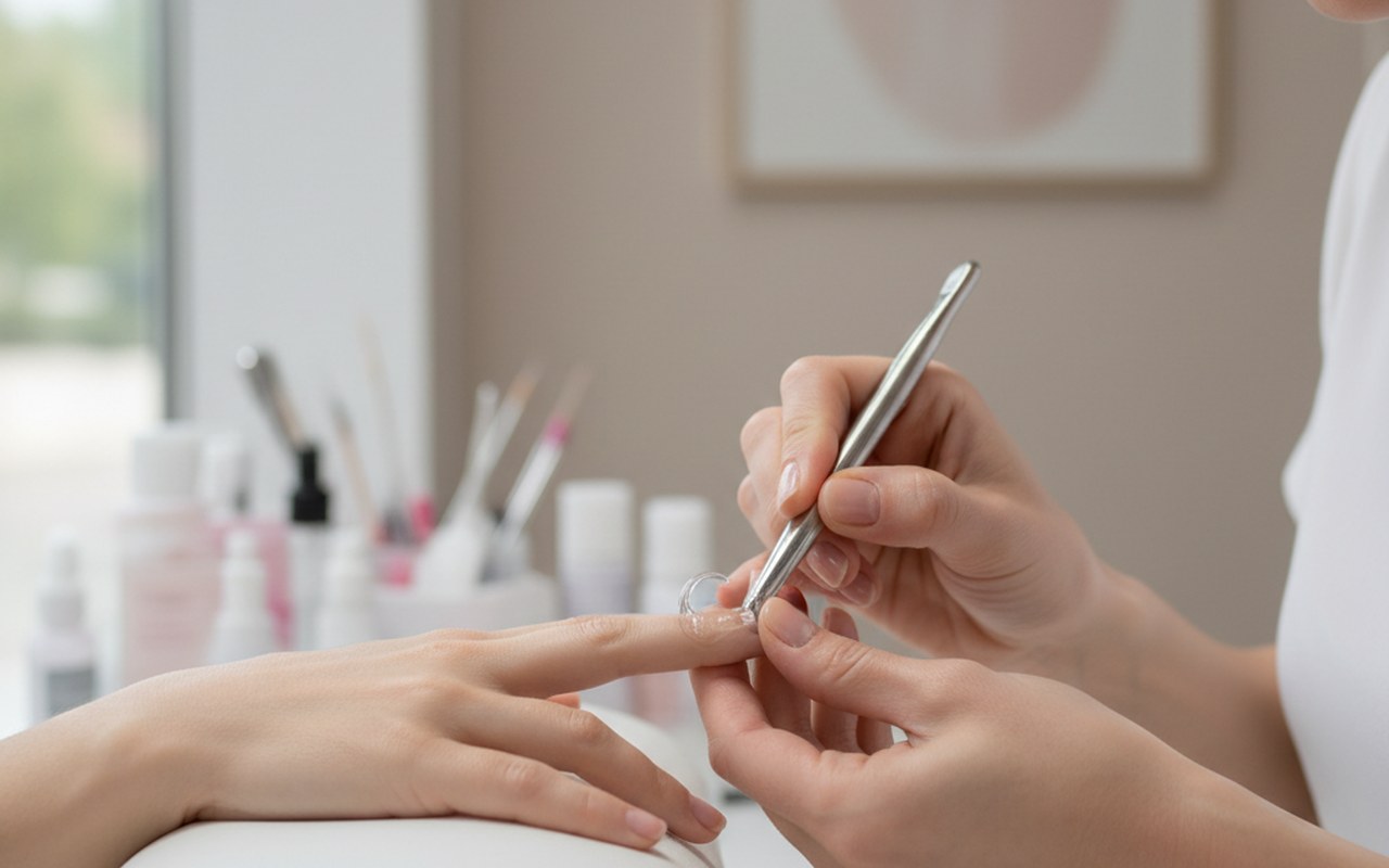 Technicienne en onglerie réalisant un pinchage pour créer une courbure en C sur un ongle.