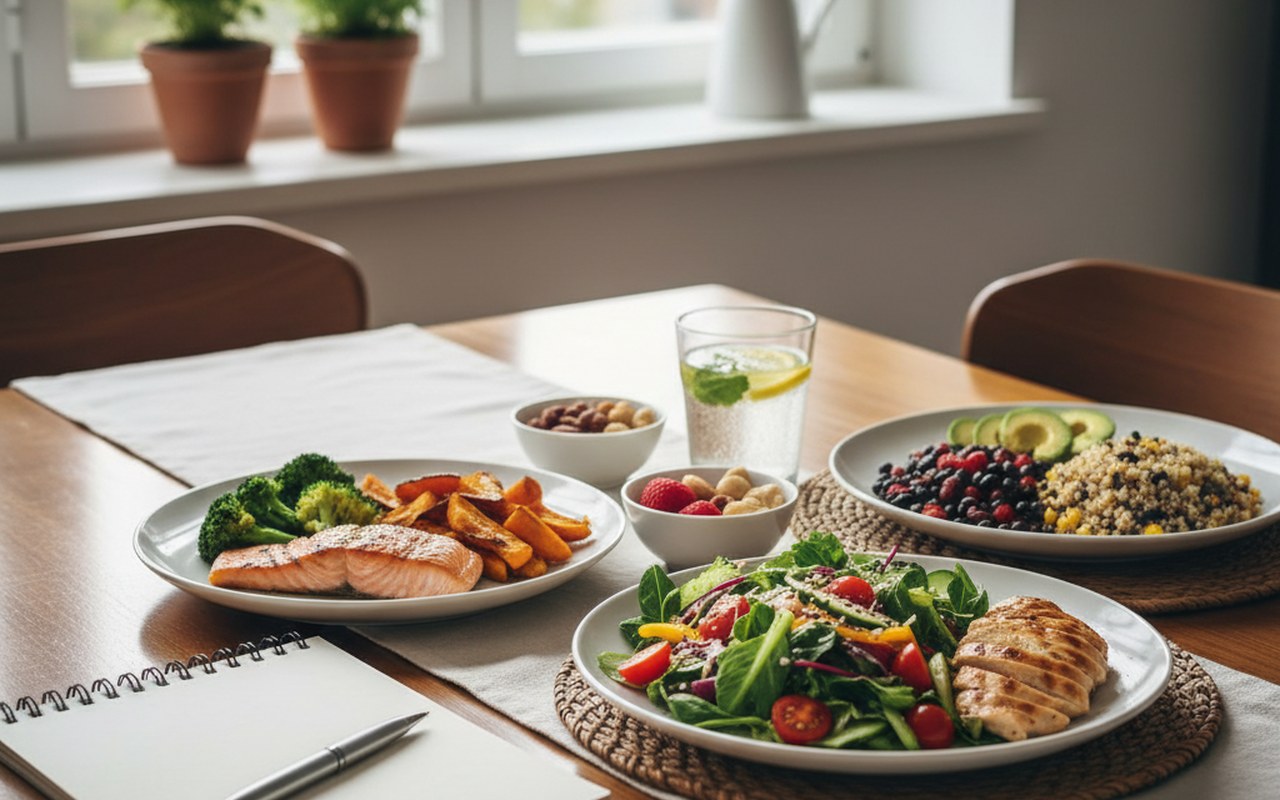 Table de cuisine avec des plats sains illustrant un plan nutritif personnalisé.