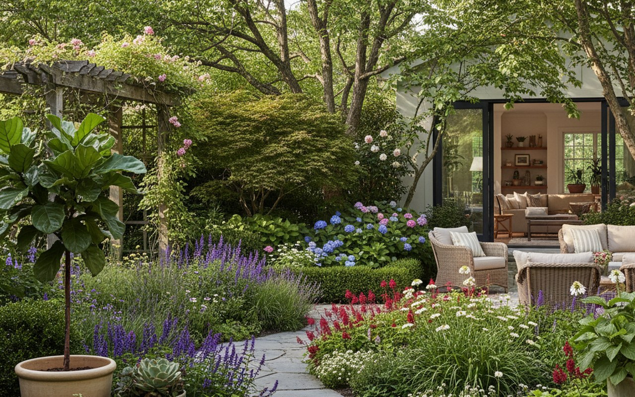 Un jardin varié avec différentes plantes illustrant leur diversité et leur rôle écologique.