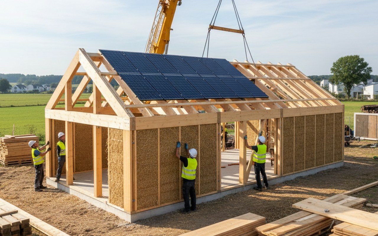 Construction d'une maison modulaire écologique avec des matériaux durables sur site.