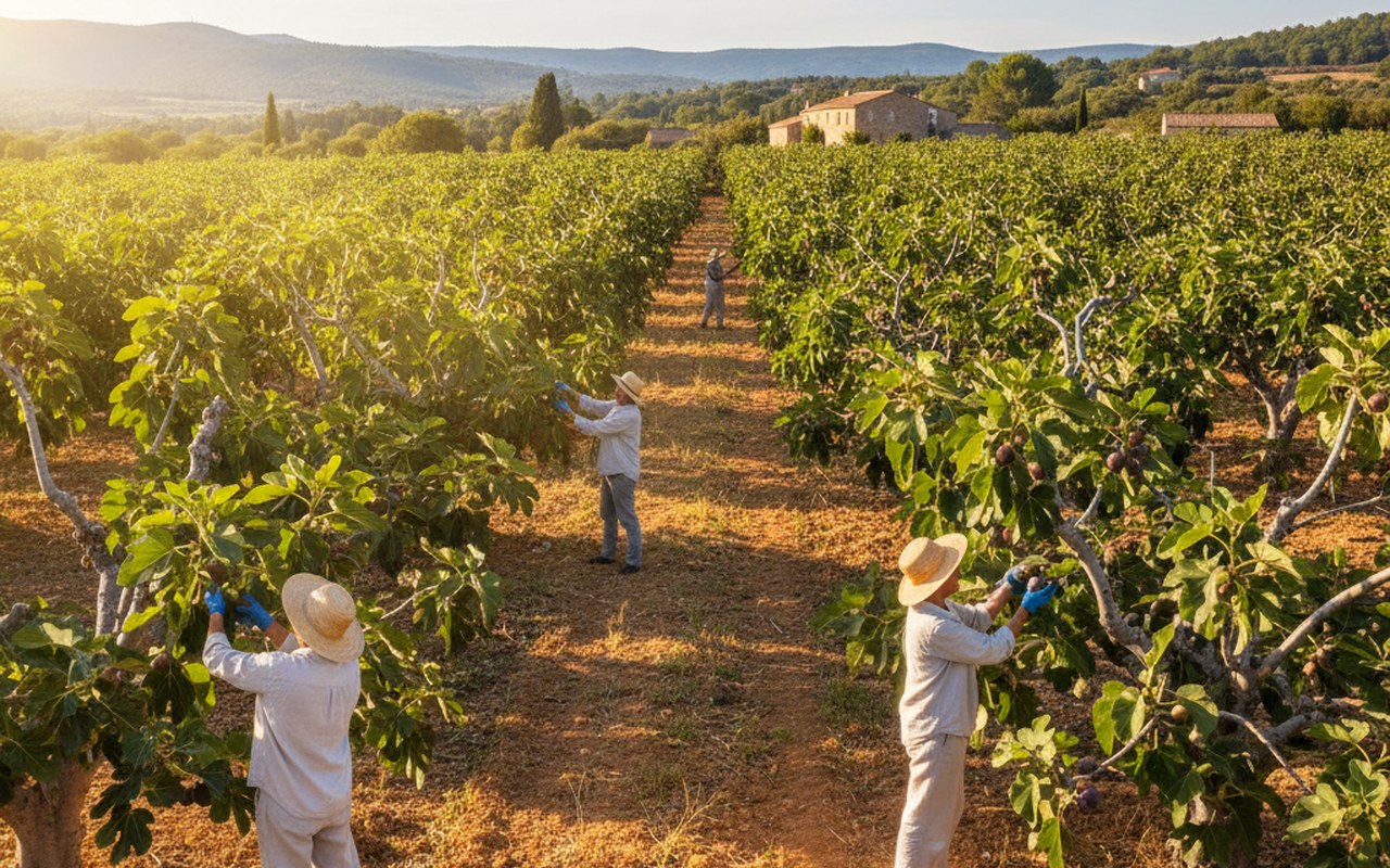 Récolte de figues dans un verger ensoleillé, mettant en avant le savoir-faire des cueilleurs.