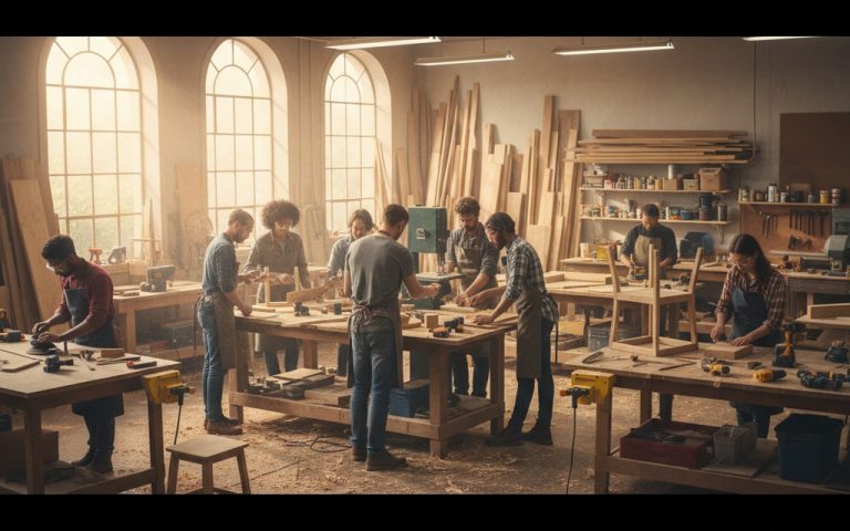 Atelier de bricolage avec des participants apprenant à utiliser des outils sous supervision.