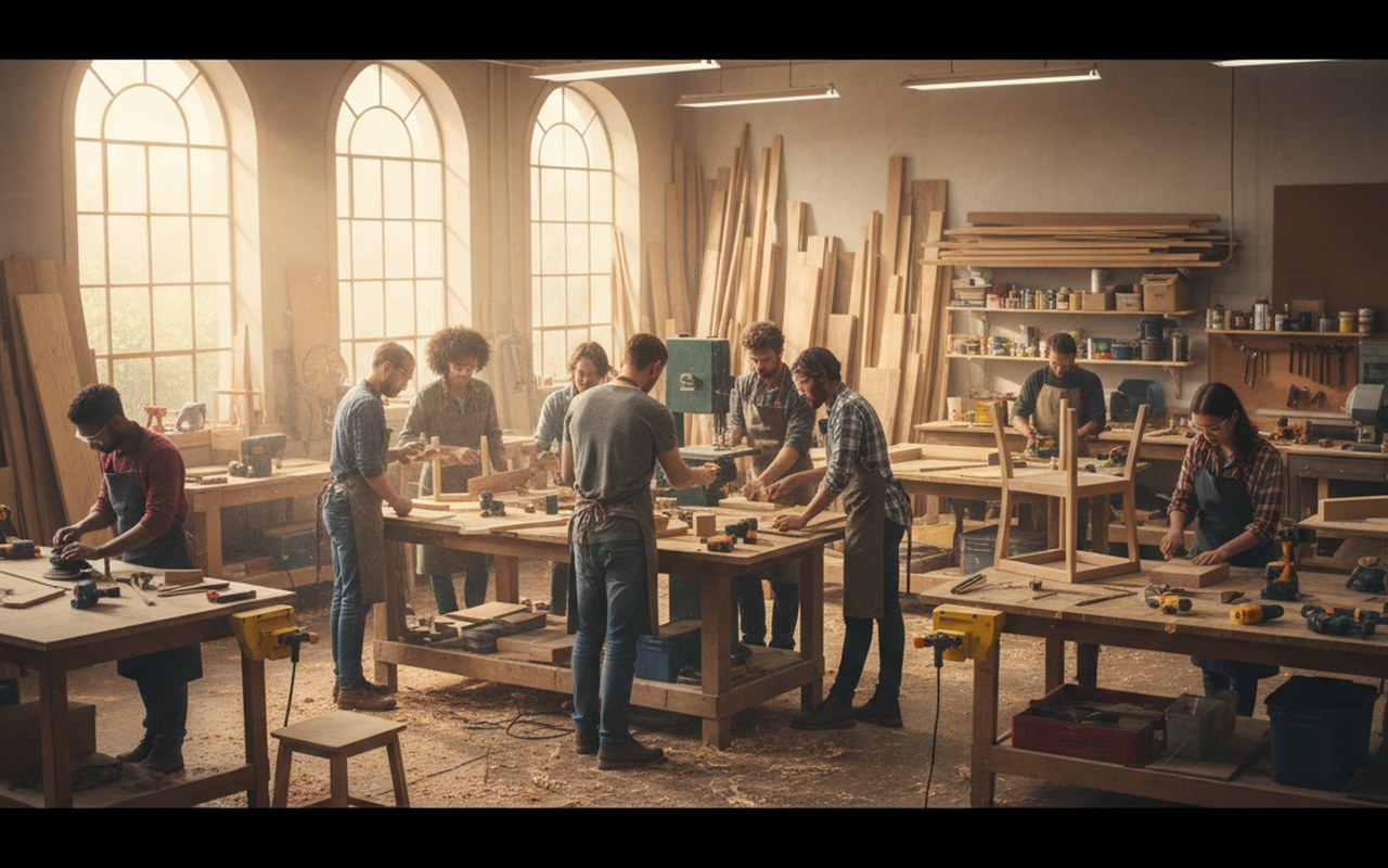 Atelier de bricolage avec des participants apprenant à utiliser des outils sous supervision.