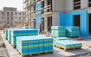 Panneaux de Styrodur utilisés pour l'isolation thermique sur un chantier de construction.