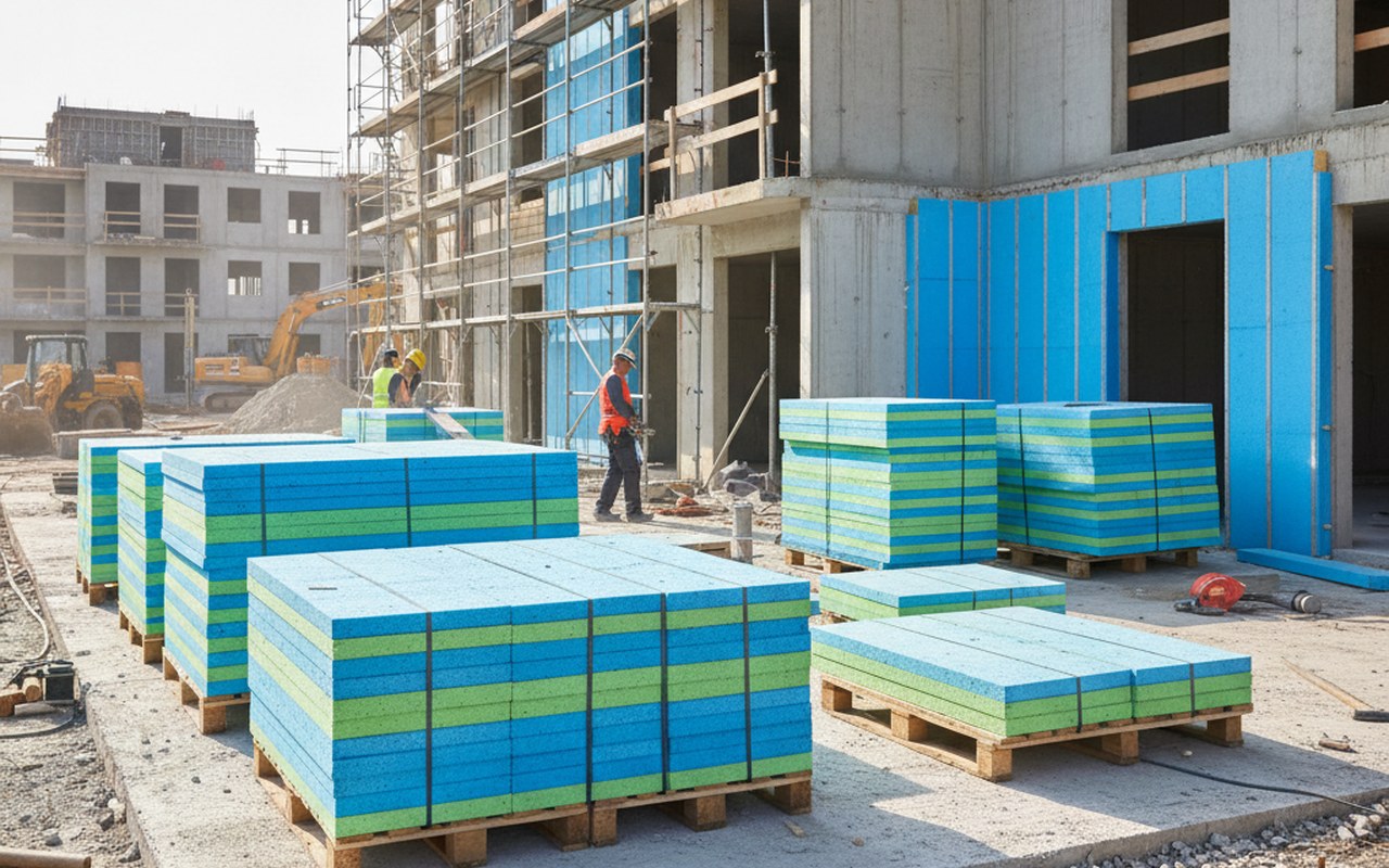 Panneaux de Styrodur utilisés pour l'isolation thermique sur un chantier de construction.