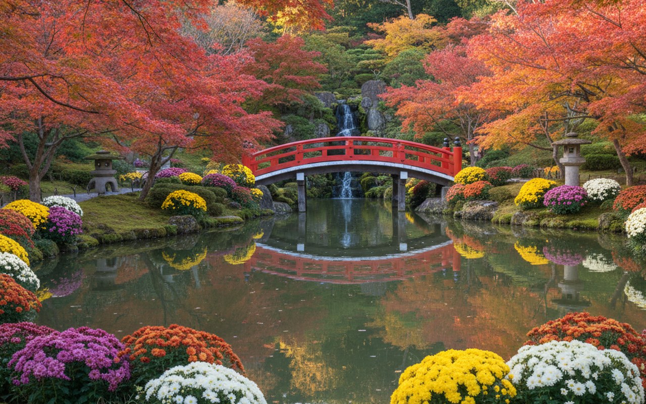 Jardin japonais Pierre Baudis à Toulouse avec lac, pont rouge et érables japonais.