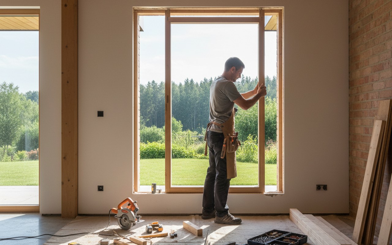 Artisan menuisier installant une fenêtre en bois dans une maison moderne.