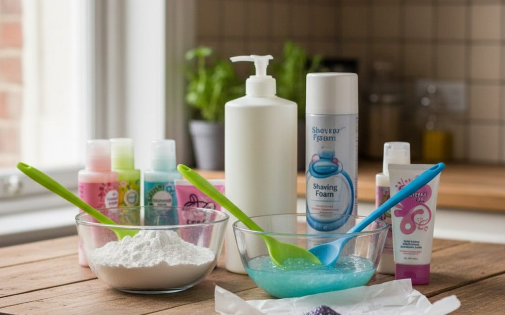 Ingrédients pour faire du slime sans colle sur une table de cuisine.