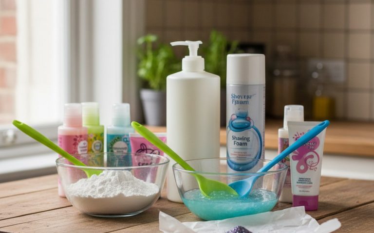 Ingrédients pour faire du slime sans colle sur une table de cuisine.