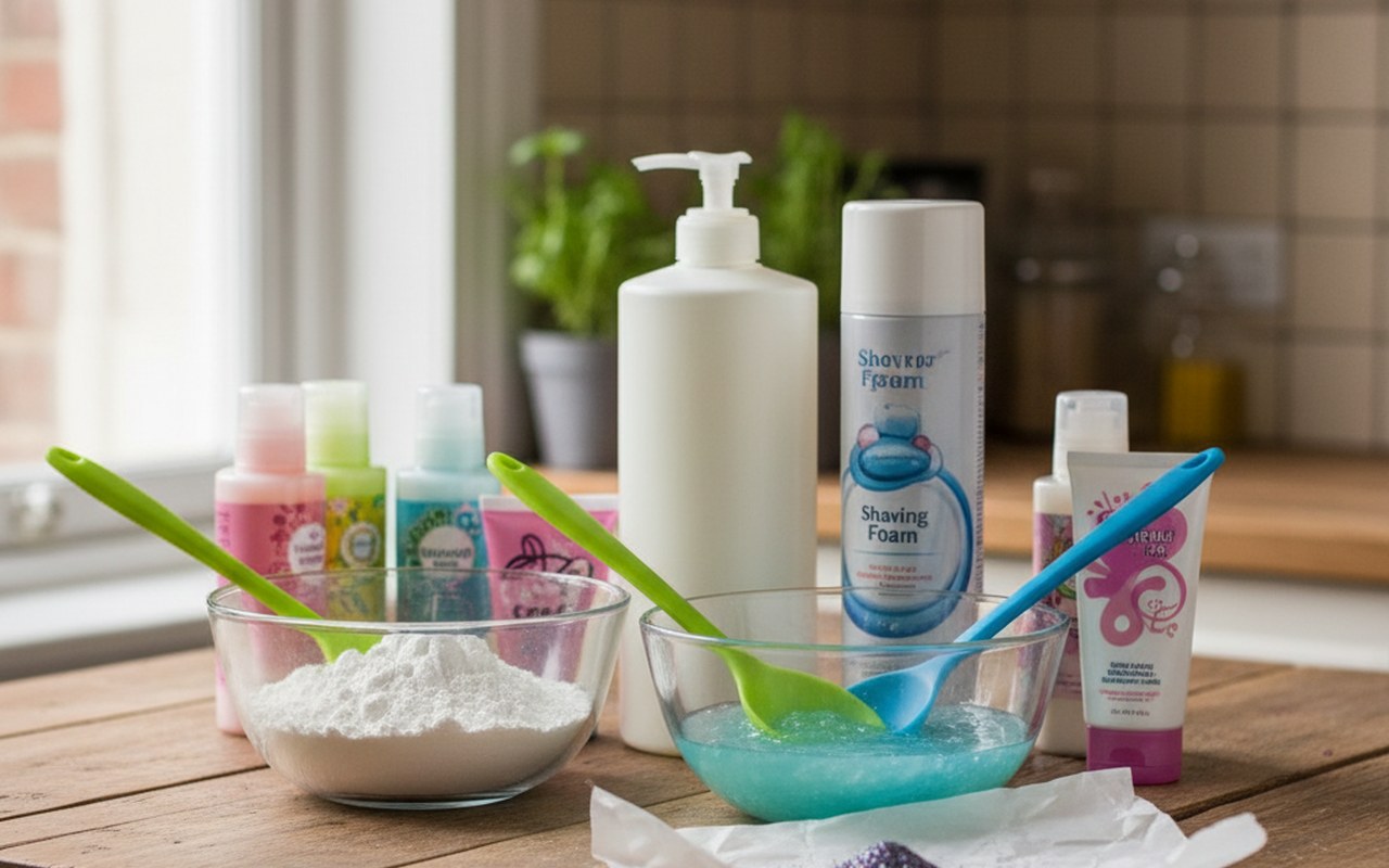 Ingrédients pour faire du slime sans colle sur une table de cuisine.
