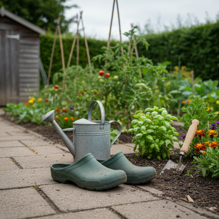 Illustration réaliste sur Le sabot de jardin : l’allié idéal pour vos allers-retours au potager